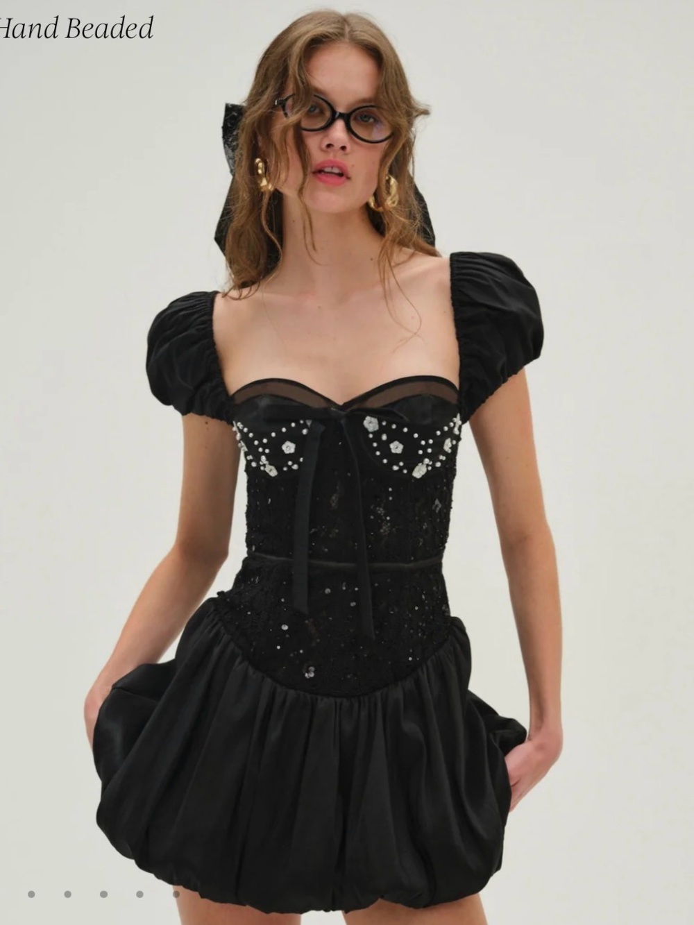 For Love And Lemons Black Hand-Beaded Puff Sleeve Mini Dress
